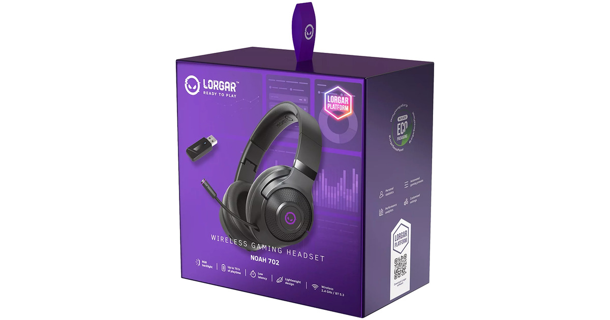 LORGARNoah 702 over-ear gaming headset  (Zwart, RGB, Bluetooth 5.3 / 2.4 GHz / 3.5mm)