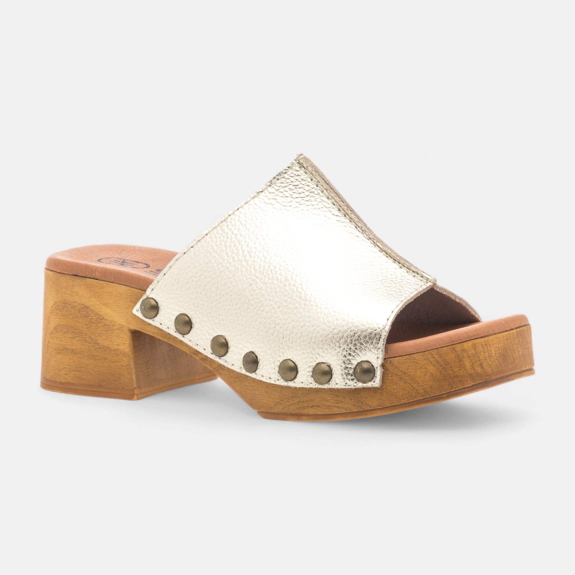 Chaussures semelle bois à talon Femme en cuir or