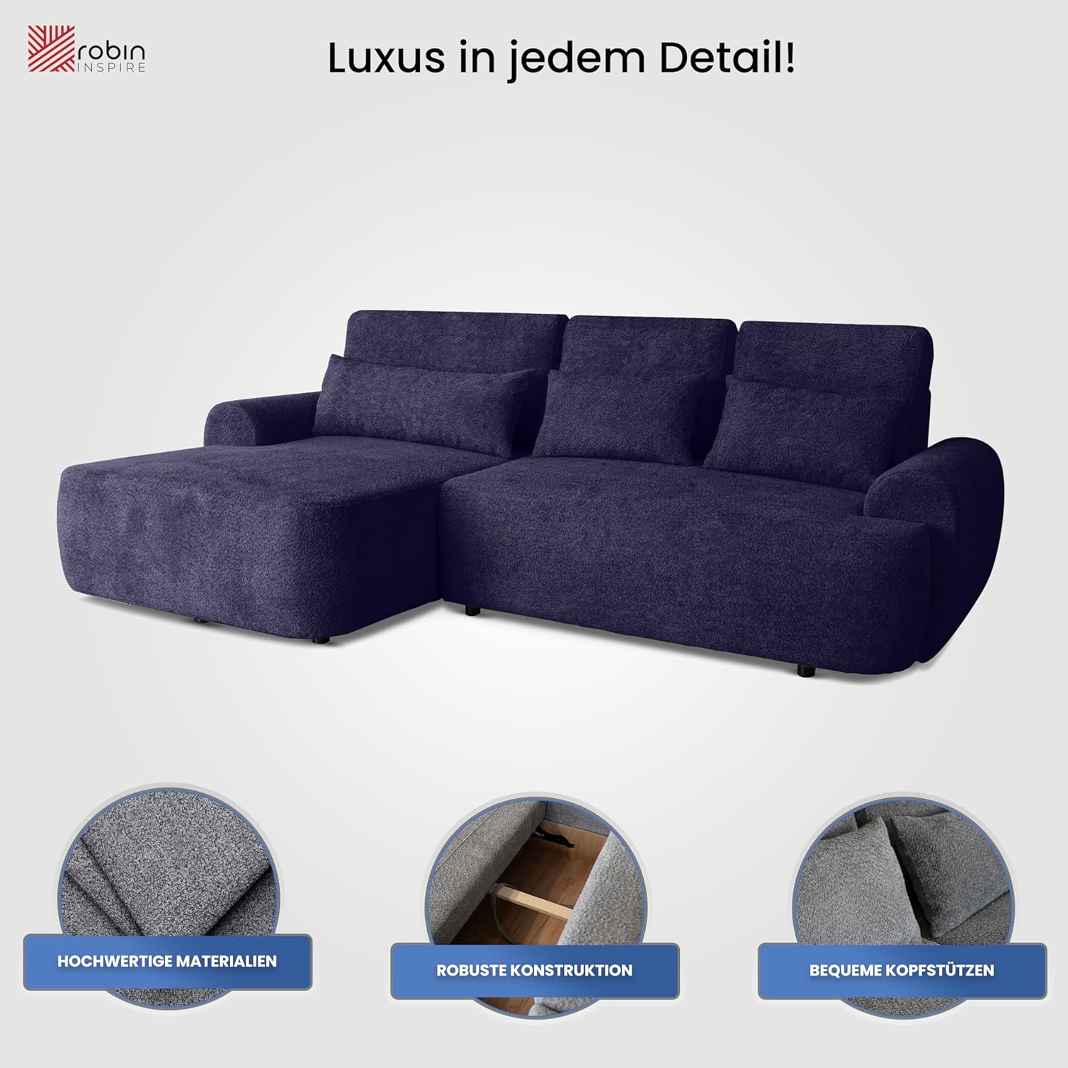 Robin Inspire Ecksofa Mit Schlaffunktion Bettkasten L Form Sofa Eckcouch Schlafcouch Freistehend Rechts Aldo Beige 266 x 160 x 87 cm