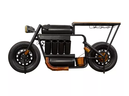 Barre porte-bouteilles moto en bois et métal noir 183x42x86h