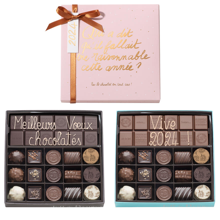 Boite nouvel an rose 15 chocolats assortis et tablette de chocolat lait ou noir