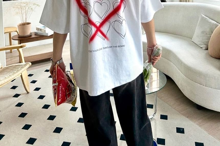 SeoulPop - T-shirt met korte mouwen en hartprint, losvallend