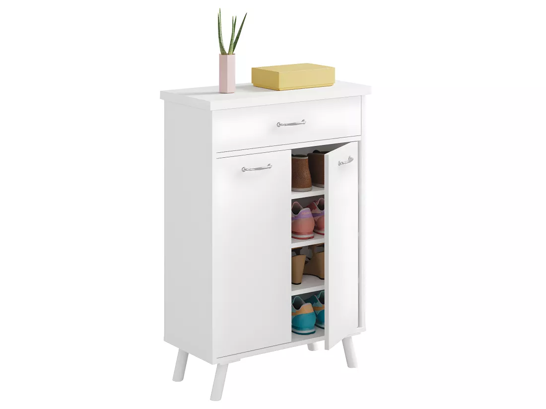 Commode Meuble à chaussures avec 2 portes et tiroir coloris blanc - Hauteur 99 x Longueur 65 x Profondeur 35 cm