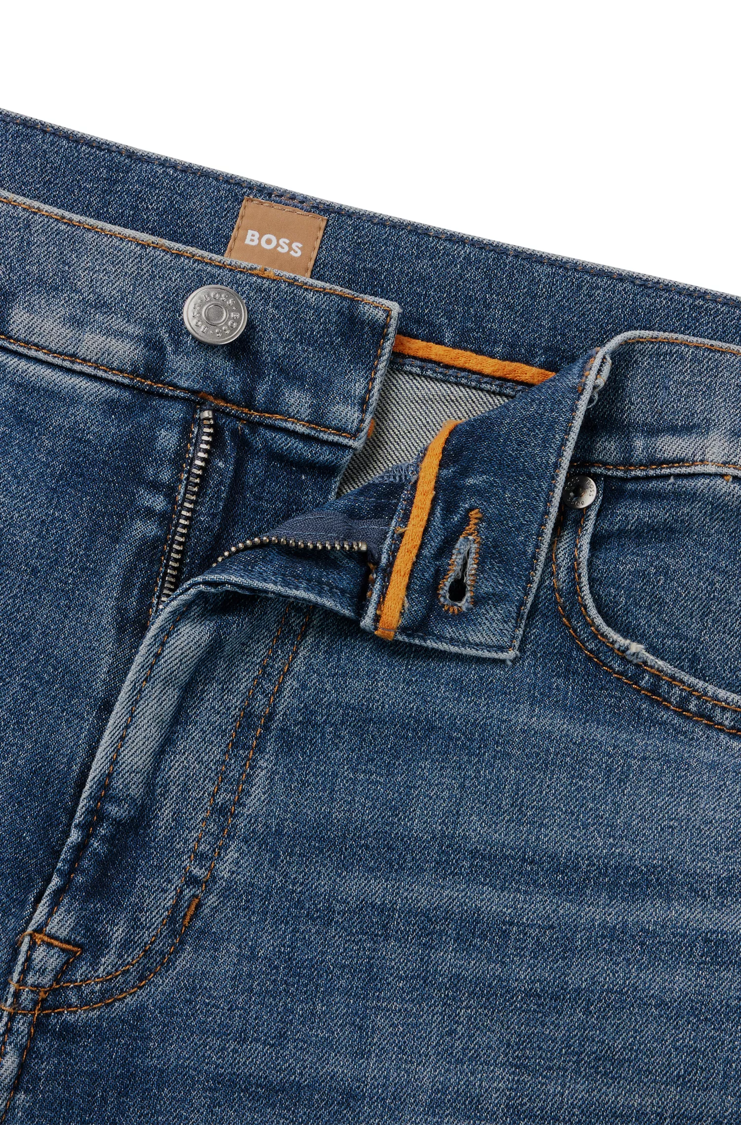 Calça jeans BOSS laranja, corte slim, em denim elástico azul.