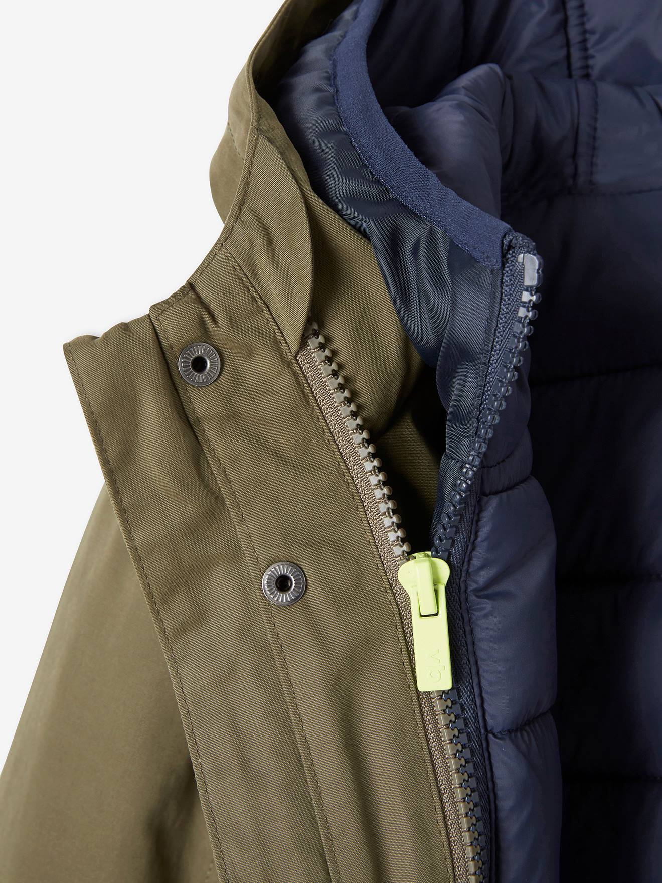 Parka 3 em 1 para meninos, verde-escuro liso com estampas.