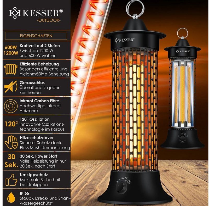 KESSER® Elektrische Kachel 1200W Terrasverwarmer Energiezuinig Infrarood Verwarming Staand Heater IP55 Verwarmer - Zwart