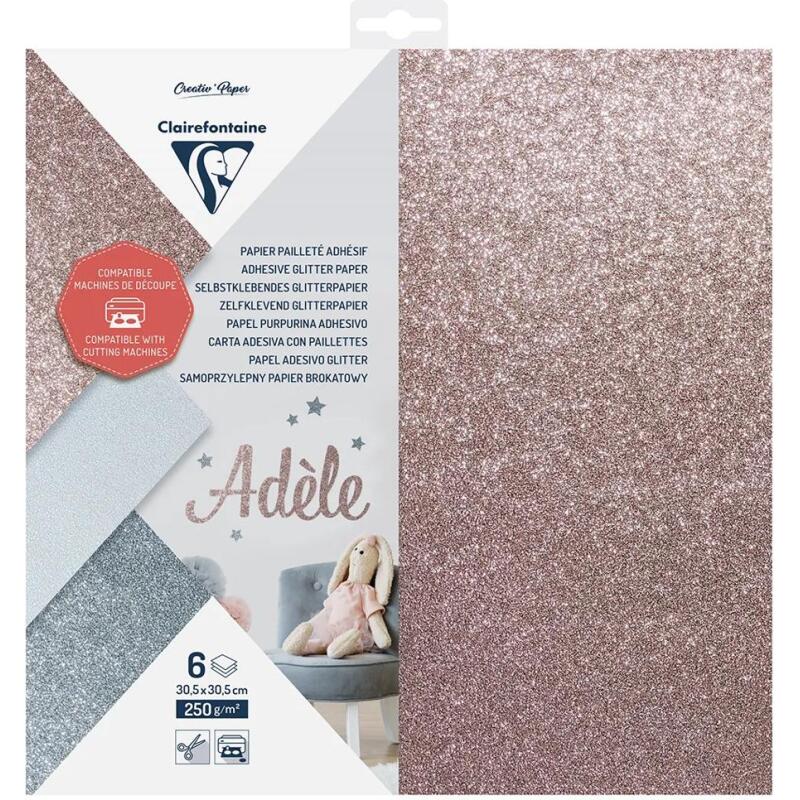 PAPIER PAILLETÉ ADHÉSIF, Pochette de 6 feuilles 250g/m2 au format 30.5x30.5cm - Assortiment