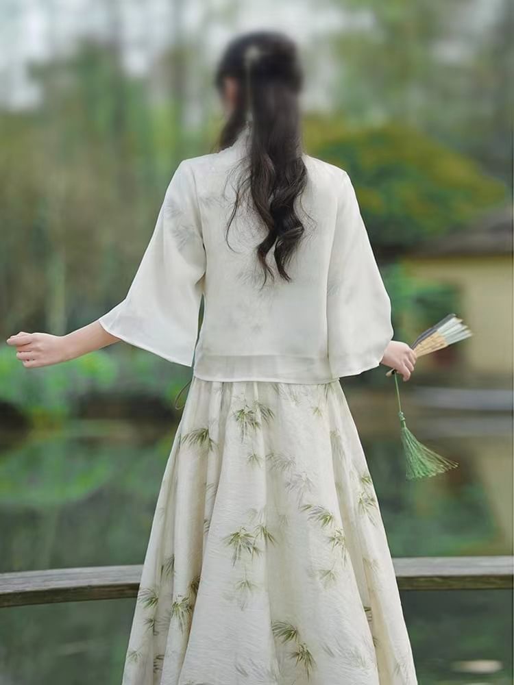Fioridi - 3/4-mouw bamboe print Hanfu top / midi A-lijn rok / set