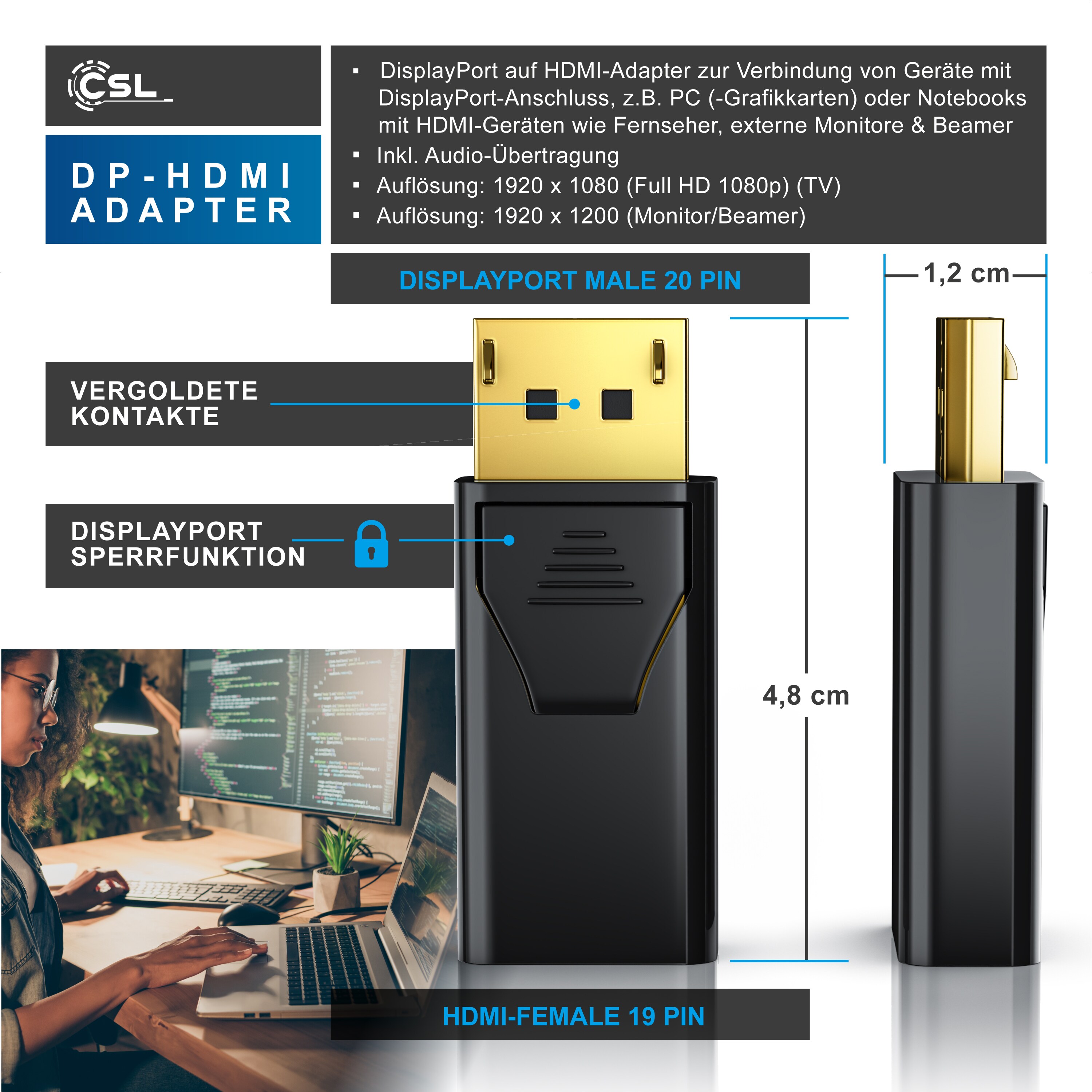 CSL DP auf HDMI Adapter mit Audioübertragung -Full HD 1080p - Ideal für Apple Produkte PC Grafikkarten