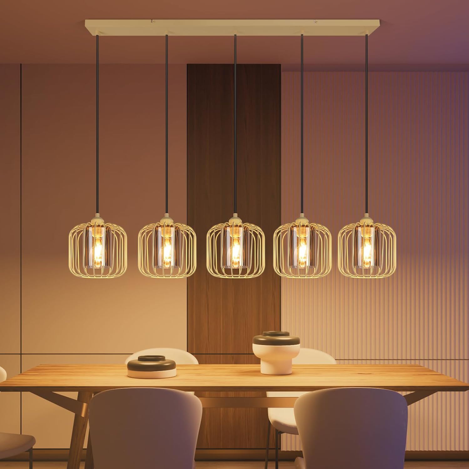 Pendelleuchte Esstisch Hängeleuchte Vintage - Hängelampe 5 Flammig Glas Esstischlampe Höhenverstellbar E27 Retro Pendellampe Metall Esszimmerlampe für Küche Wohnzimmer (ohne Leuchtmittel)