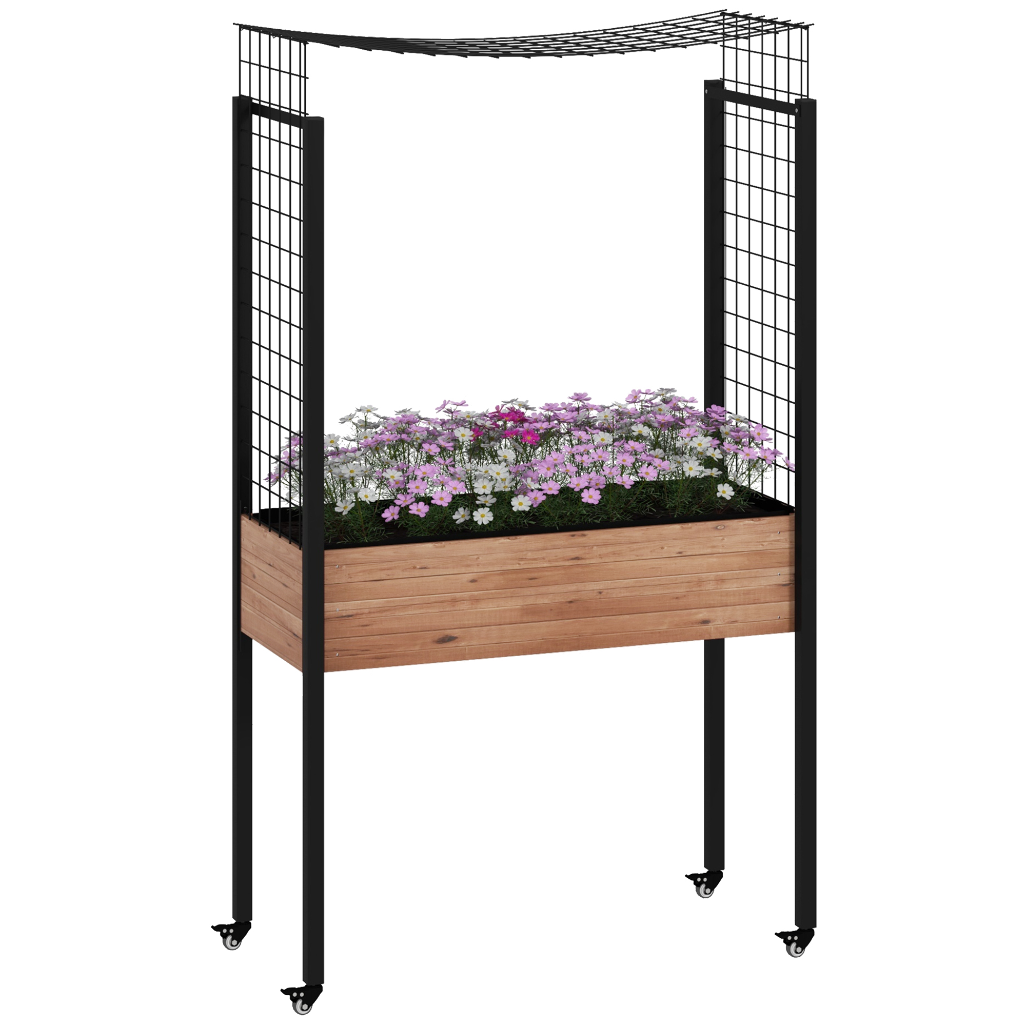 Canteiro Elevado Outsunny com Rodas, Jardim Urbano com Treliça e Orifícios de Drenagem para Plantas Trepadeiras e Flores, Vaso de Madeira, 110x49x190 cm, Marrom