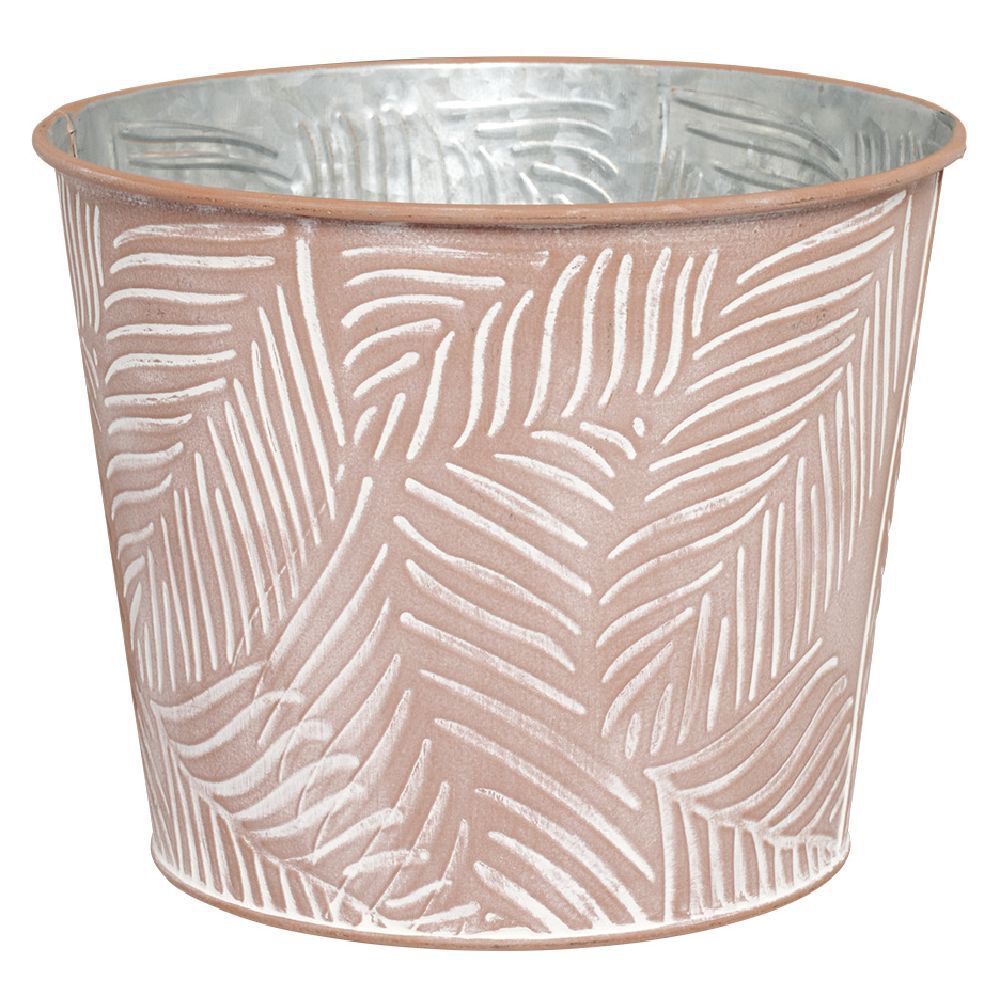 Pot zinc feuillage relief terracotta et blanc petit modèle Ø21xH17cm