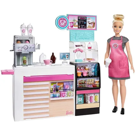 Barbie Nasch-Café Spielset mit Puppe (blond), über 20 Teile Puppen-Zubehör