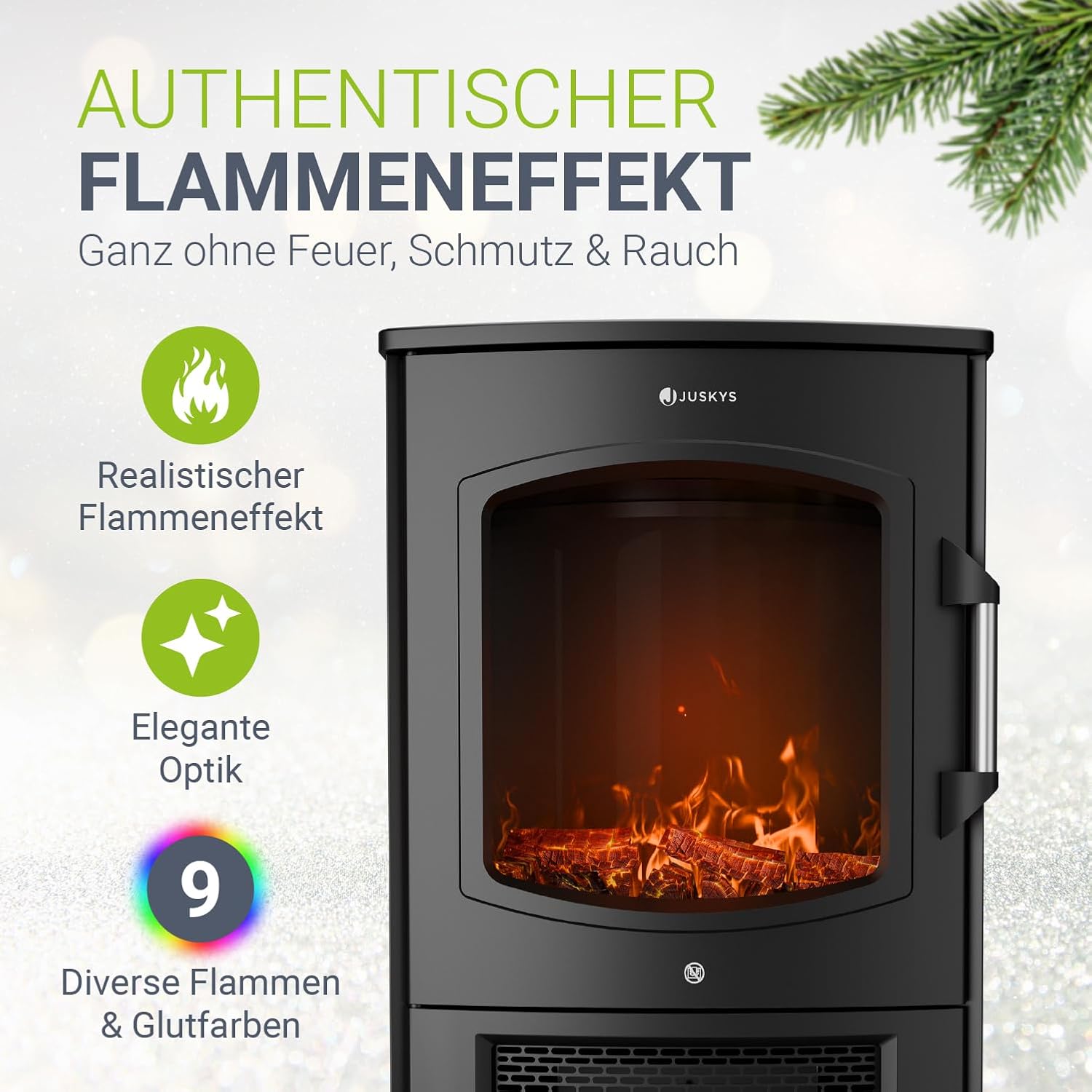Juskys Elektrokamin 1800W – Schwarz, elektrischer Standkamin mit LED-Flammeneffekt, WLAN/App-Steuerung, Fernbedienung