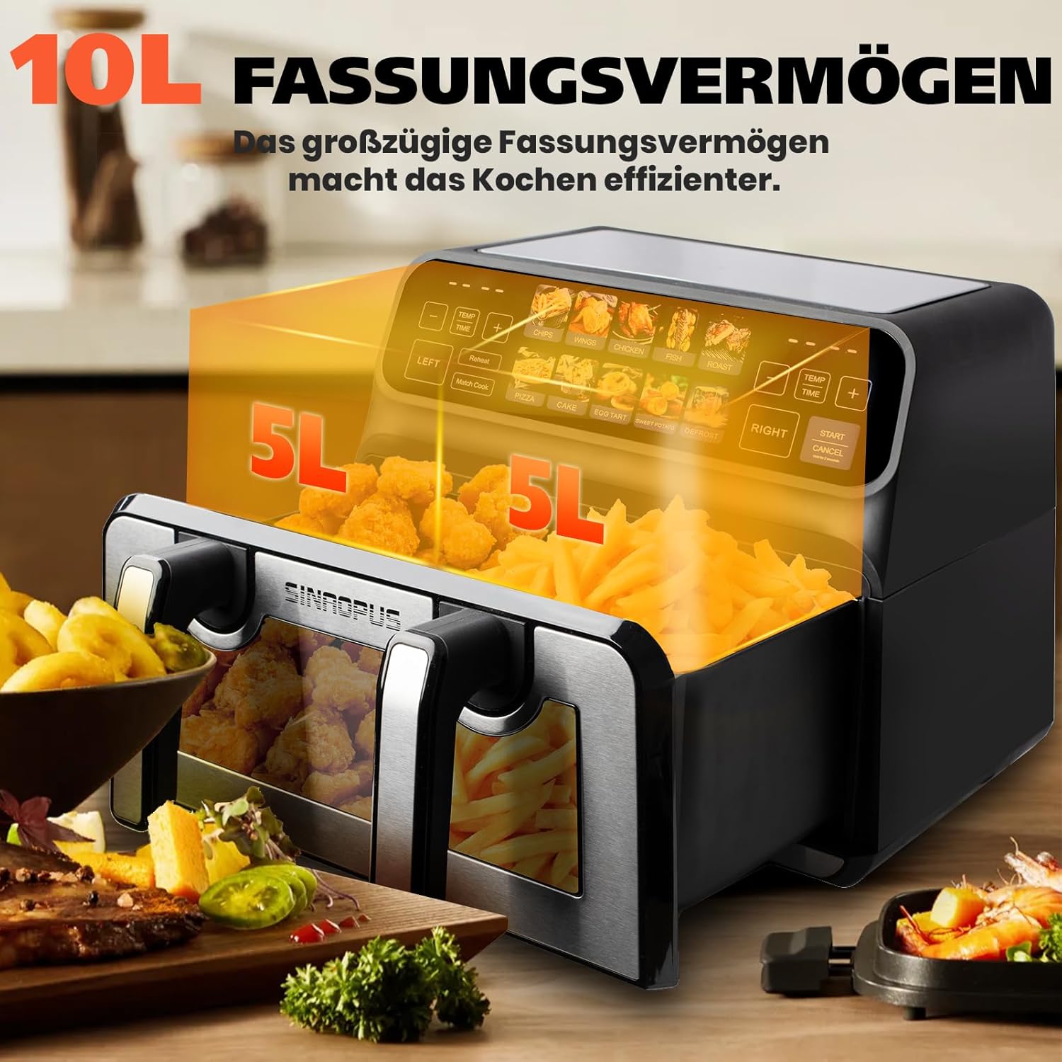 Dual Zone 9L-802TS Heißluftfritteuse, XXL Doppelkammer 2200W Heißluftfritteuse mit Trennwand, LED Touch Display, 8 Programme, 10-in-1 Heißluftfritteuse mit 2 Körben