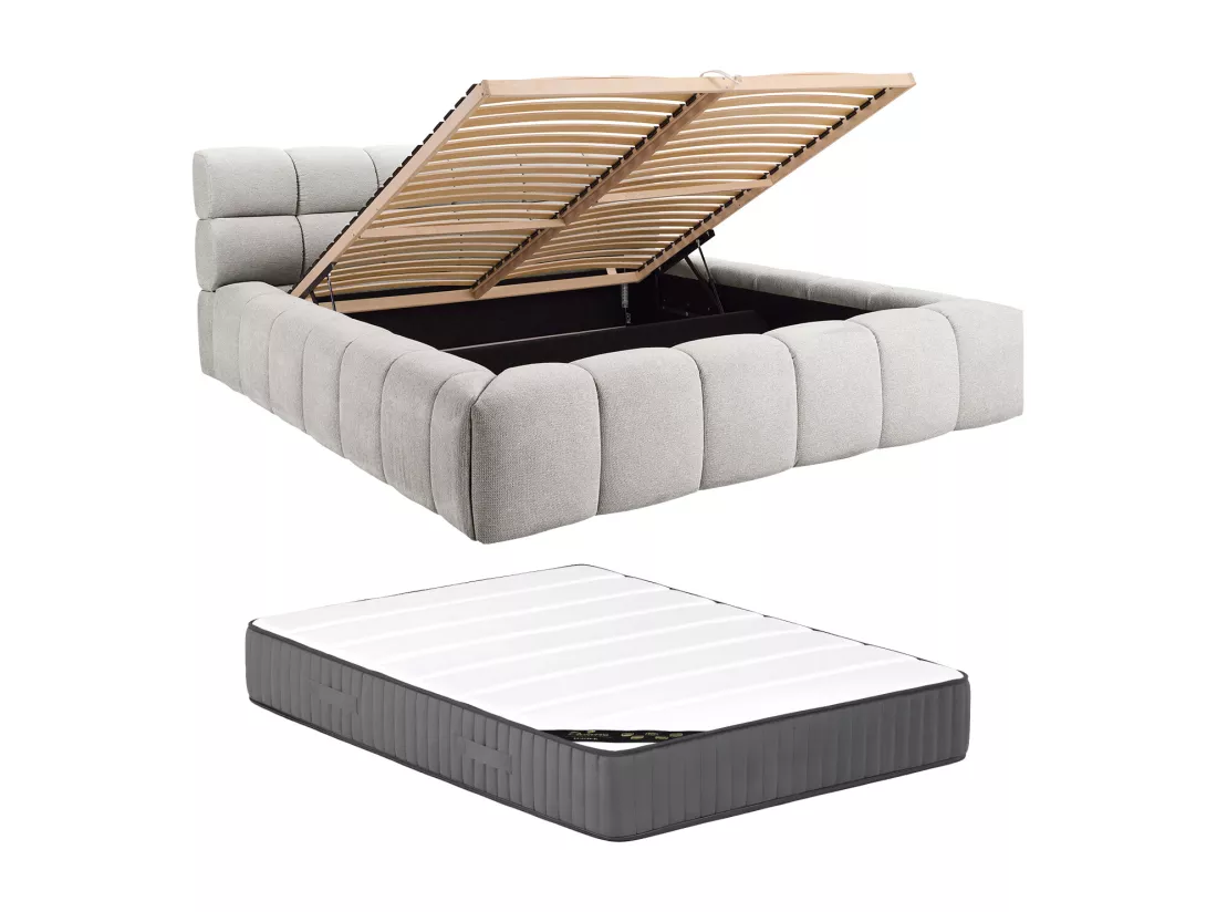 Lit coffre 180 x 200 cm - Tissu - Gris clair + Matelas - FORVIK de Pascal Morabito