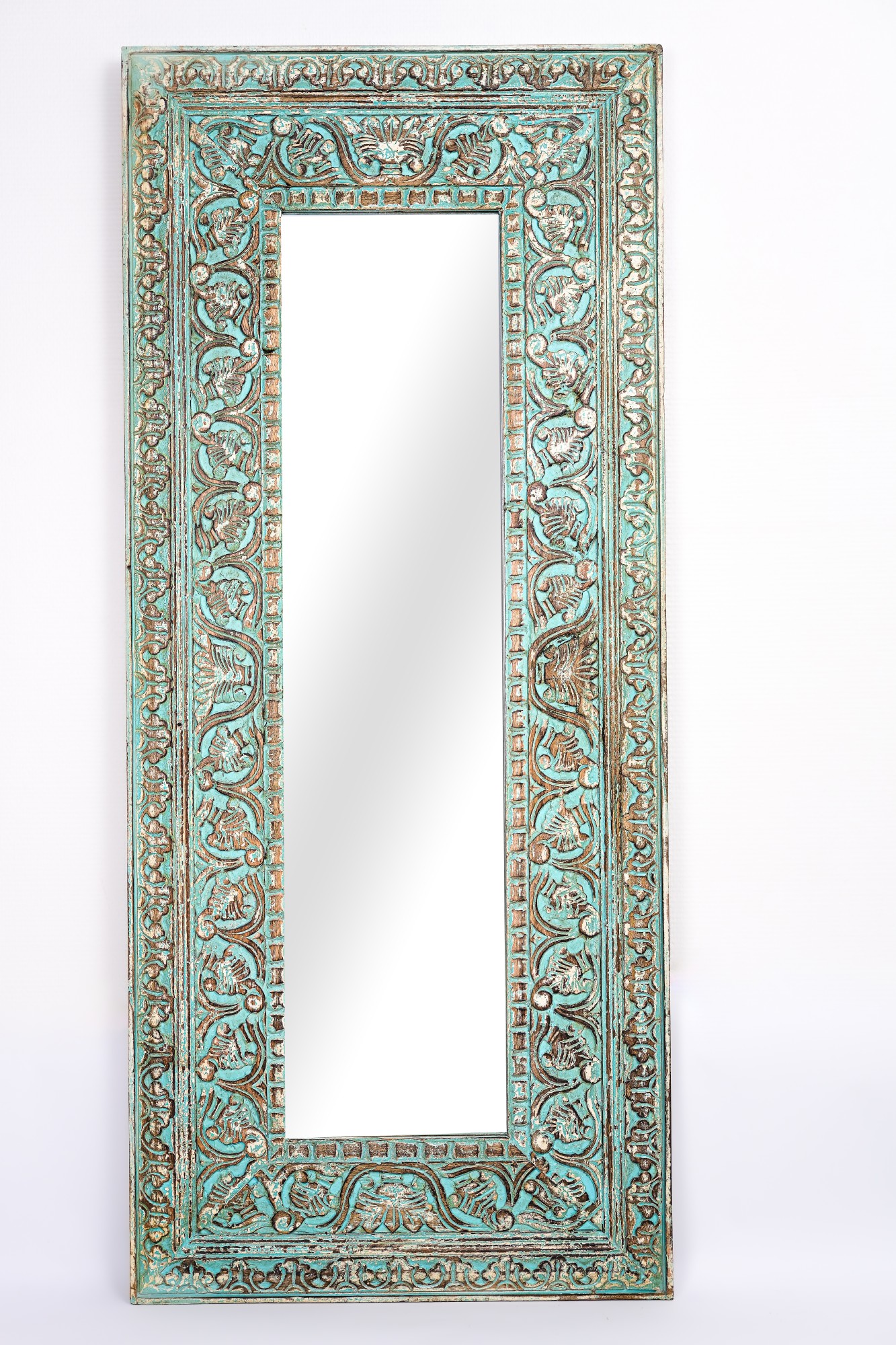 Spiegel mit Rahmen, Schnitzereien, türkis, T 4 cm, B 52 cm, H 123 cm von fischer's lagerhaus
