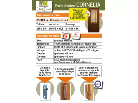 Porte D'Entrée Bois Vitrée, Cornelia, H,215Xl,90 P, Droit Cote Tableau
