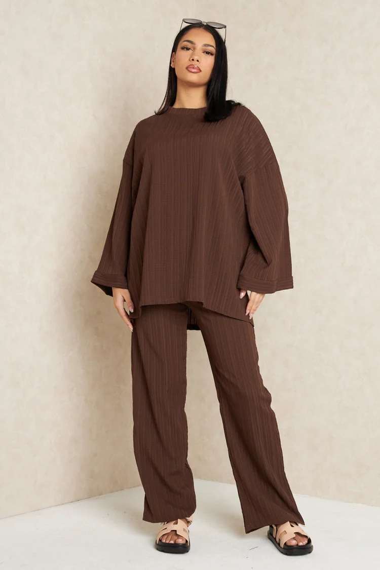 Ensemble 2 pièces pull fin + pantalon à rayures marron