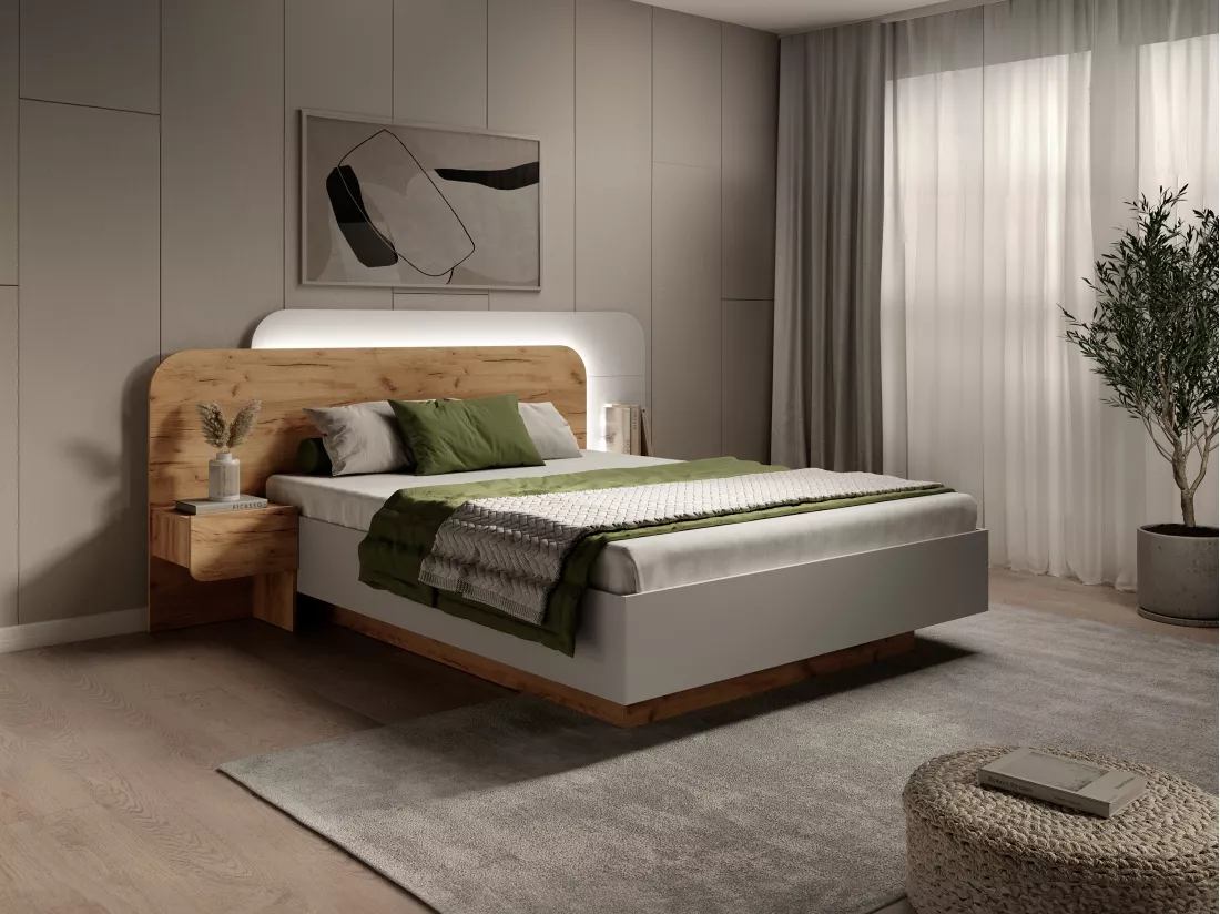 Lit avec chevets 160 x 200 cm - Avec LEDs - Coloris : Naturel et blanc + Sommier + Matelas - DESADO
