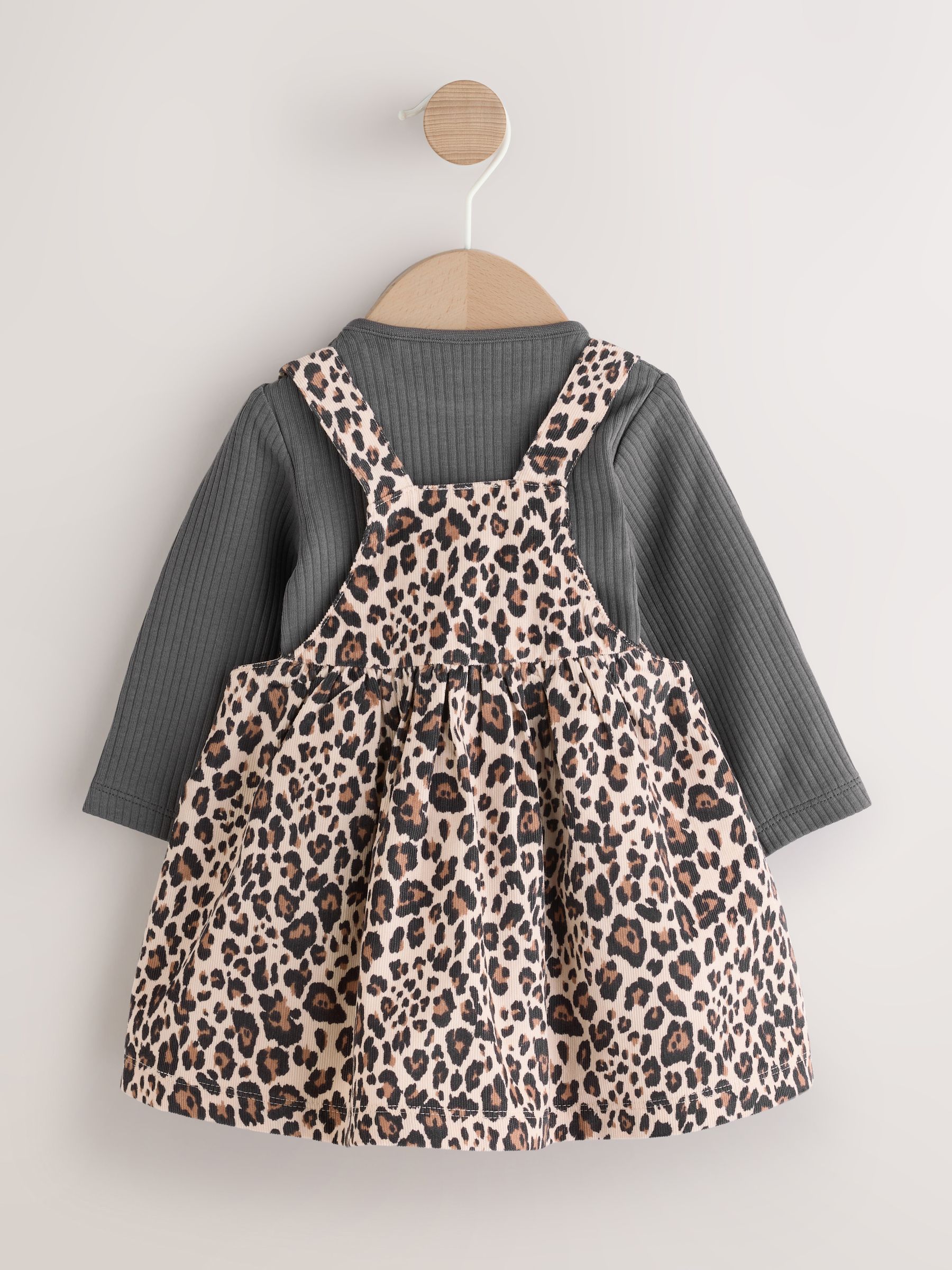 Antraciet met luipaardprint - Set van corduroy pinafore, bodysuit met lange mouwen en maillot voor baby's (0mnd-2jr)