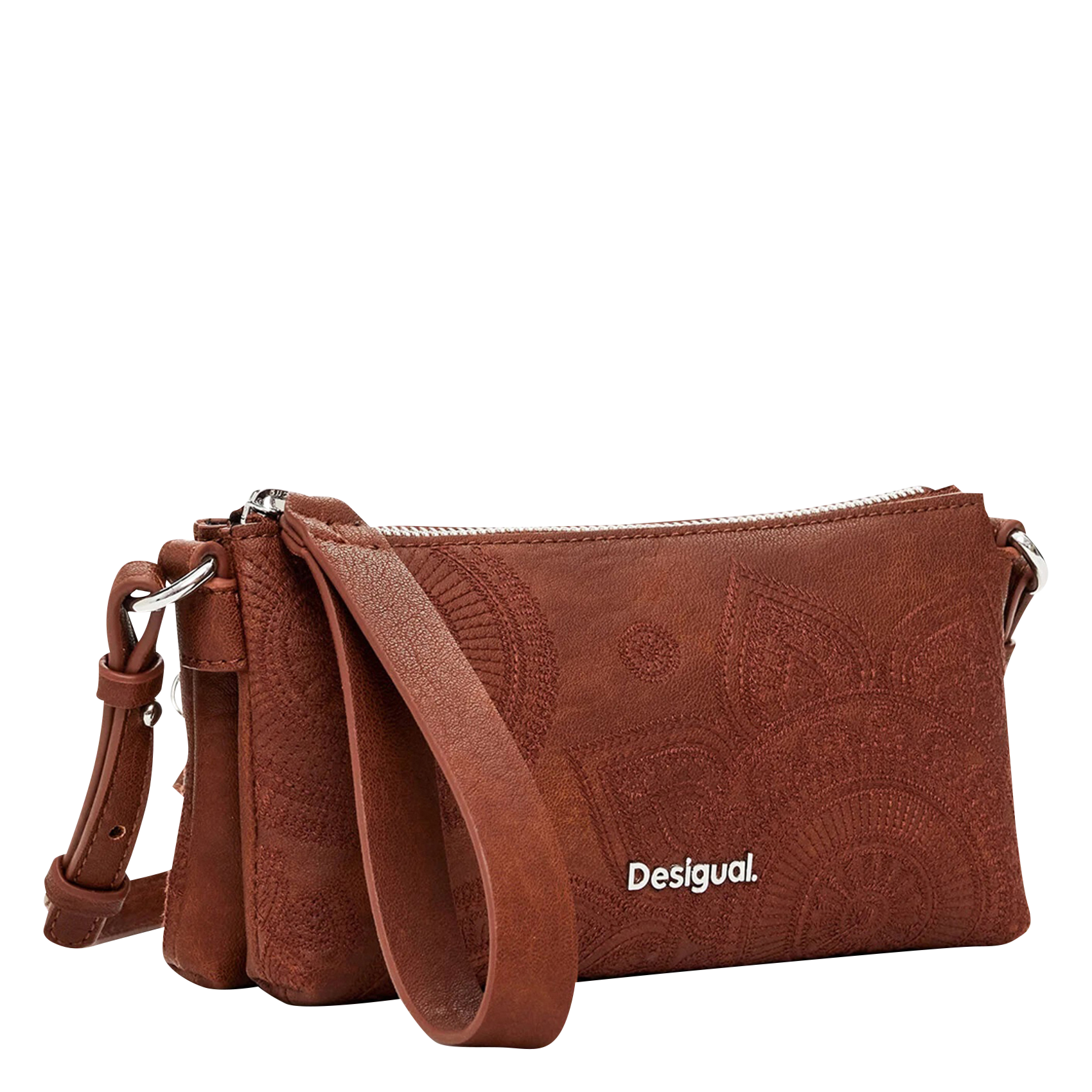 Sac bandoulière brodé effet cuir | Marron