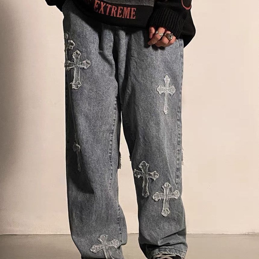 Bay Go Mall - Wijde jeans met kruisborduursel