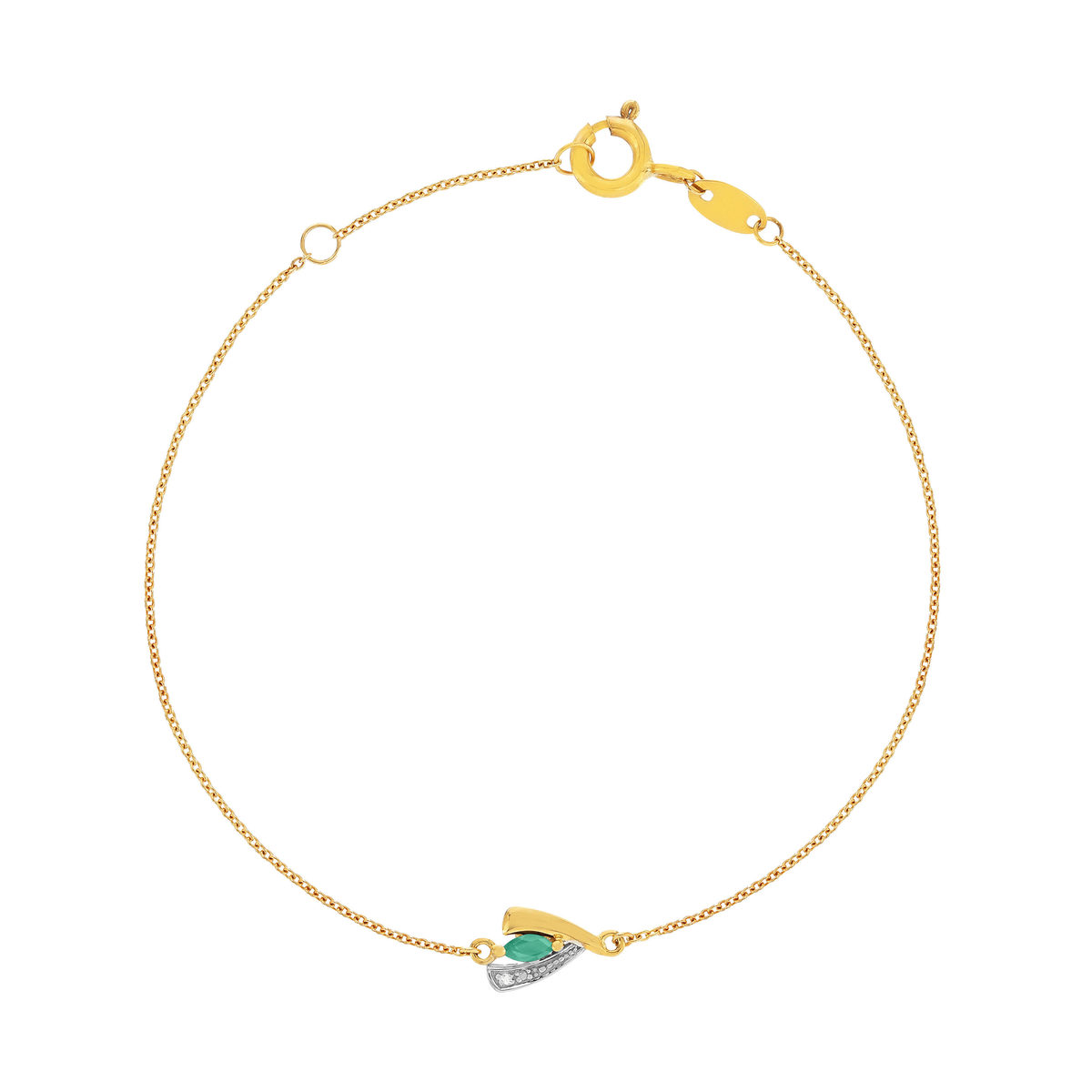Bracelet or 375 jaune 2 tons émeraude et diamant 18cm avec anneau de raccourcissement 16cm