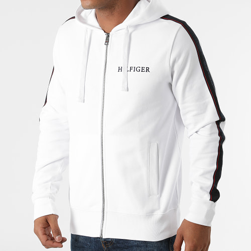 Sweat Zippé Capuche A Bandes Taped Hilfiger 8723 Blanc