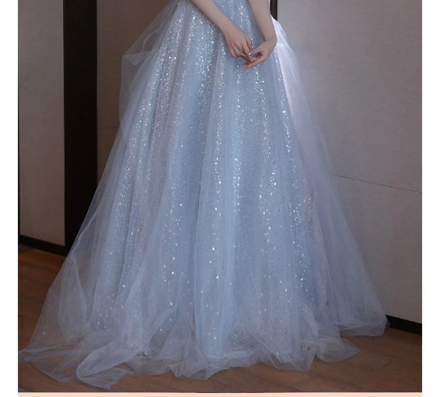 Saunderold - Glitter midi-A-lijn avondjurk met blote schouders