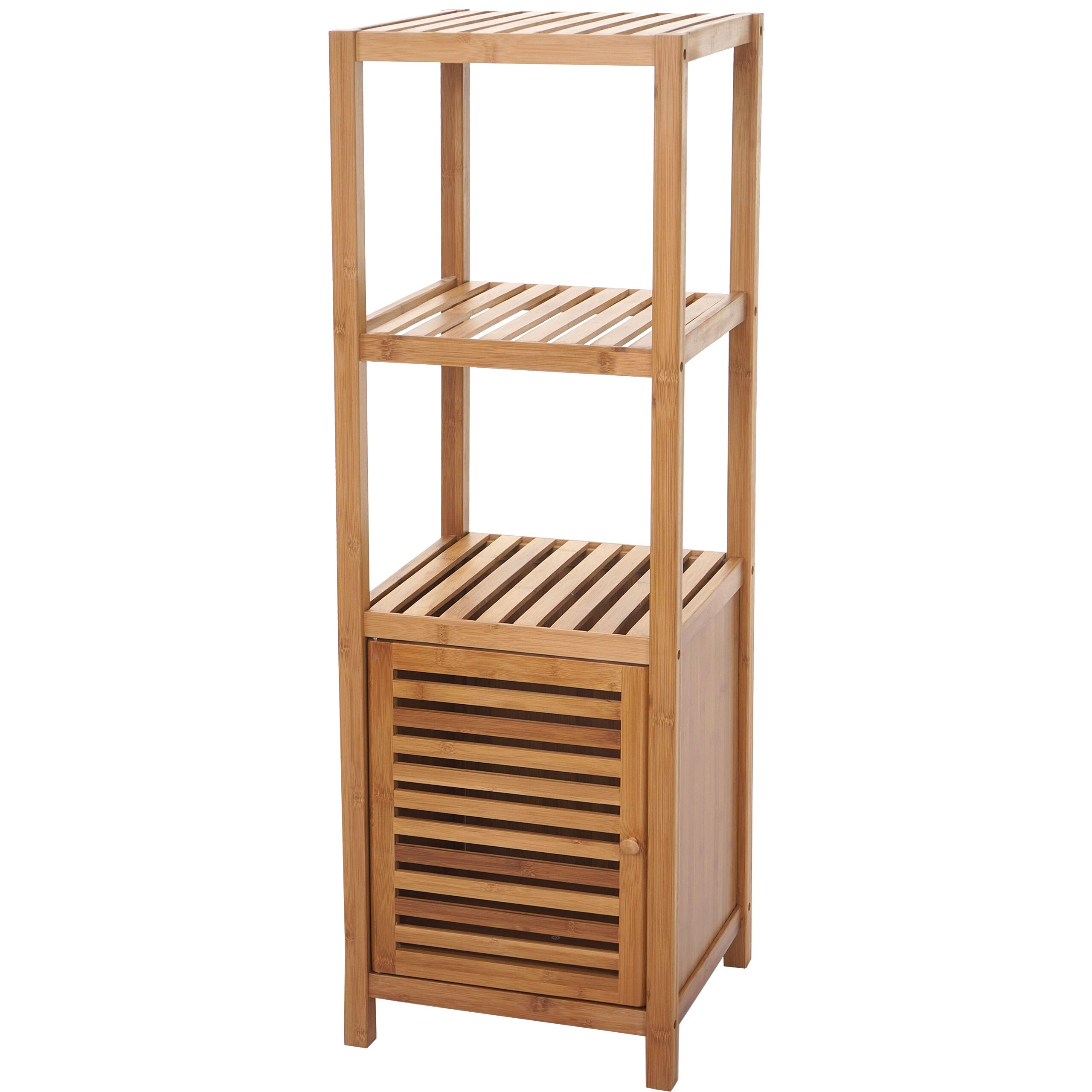 Badregal MCW-B18, Badezimmer Badschrank Standregal mit Tür, Bambus ~ 110x36x34cm