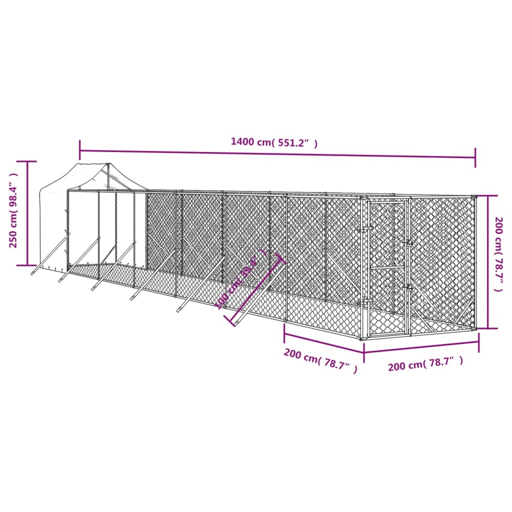 Chenil d'extérieur pour chiens avec toit argenté 2x14x2,5 m