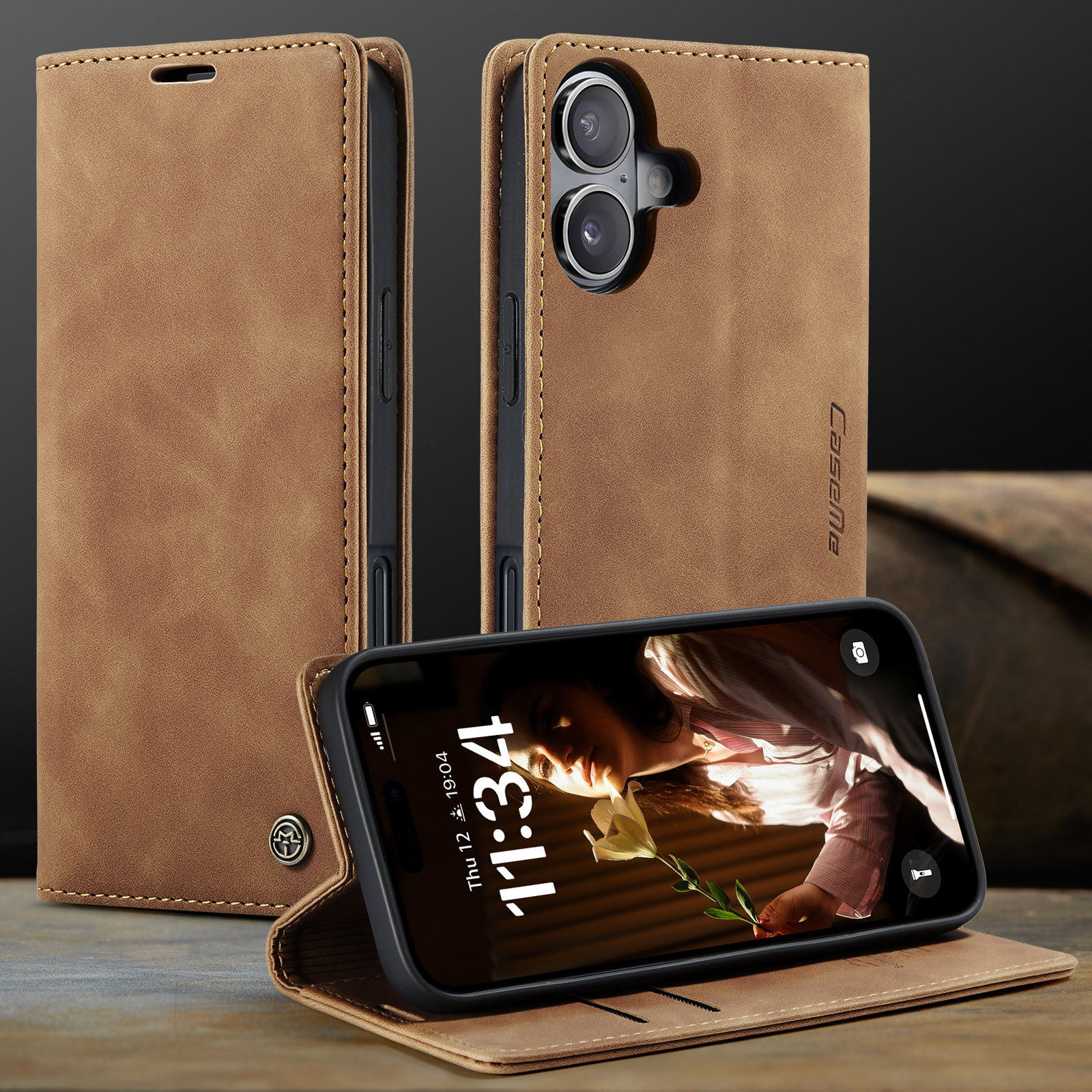 iPhone 17 Leder Tasche Flip Wallet Etui mit Kartenfächern - Hellbraun