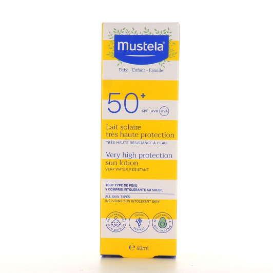 Lait solaire SPF 50+ Mustela - Peau sensible bébé et enfant