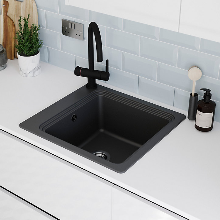Évier de cuisine en composite de quartz noir 1 bac à encastrer GoodHome Romesco