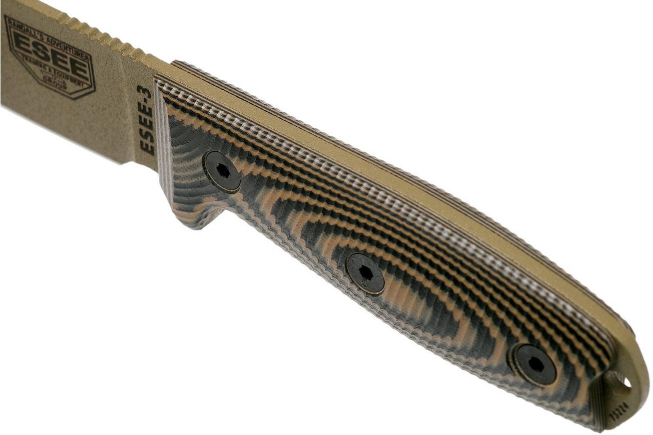 ESEE Model 3 Dark Earth Blade 3D Coyote-Black G10 survivalmes 3PMDE-005 zwarte schede   riemclip