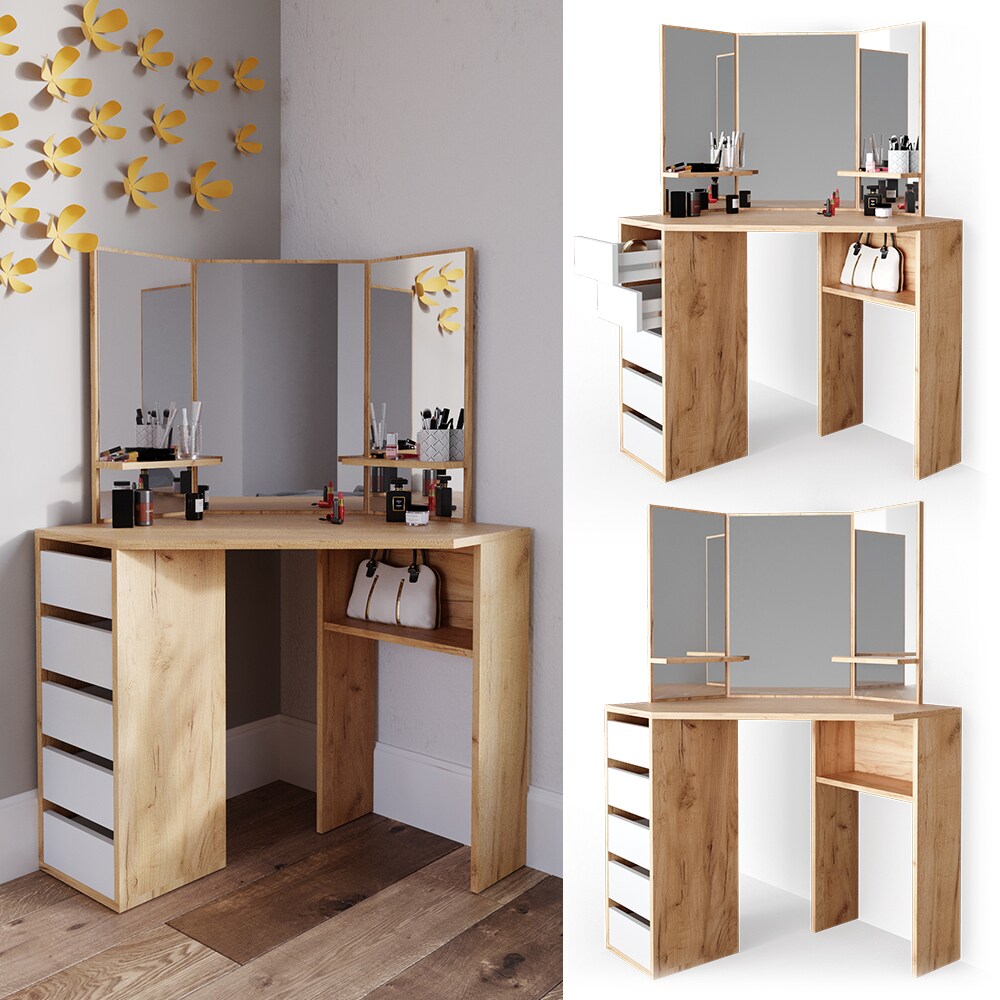 Vicco Eckschminktisch Frisiertisch Schminkkommode Arielle Eiche Weiß Spiegel 110x145 cm modern Schlafzimmer Kommode Schublade Ablage Aufbewahrung Kosmetiktisch Schminkkonsole Make-Up-Tisch