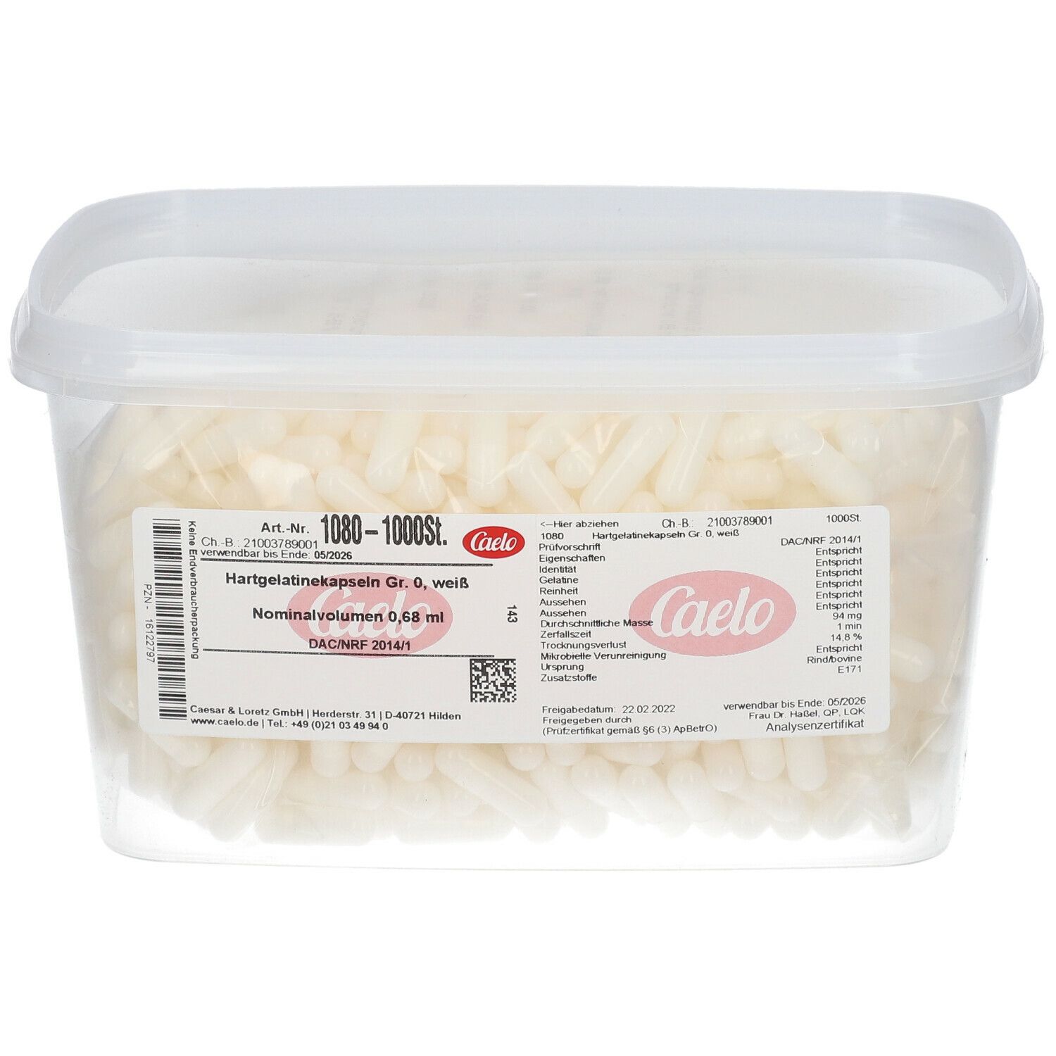 Hartgelatine Kapseln Gr. 0, weiß