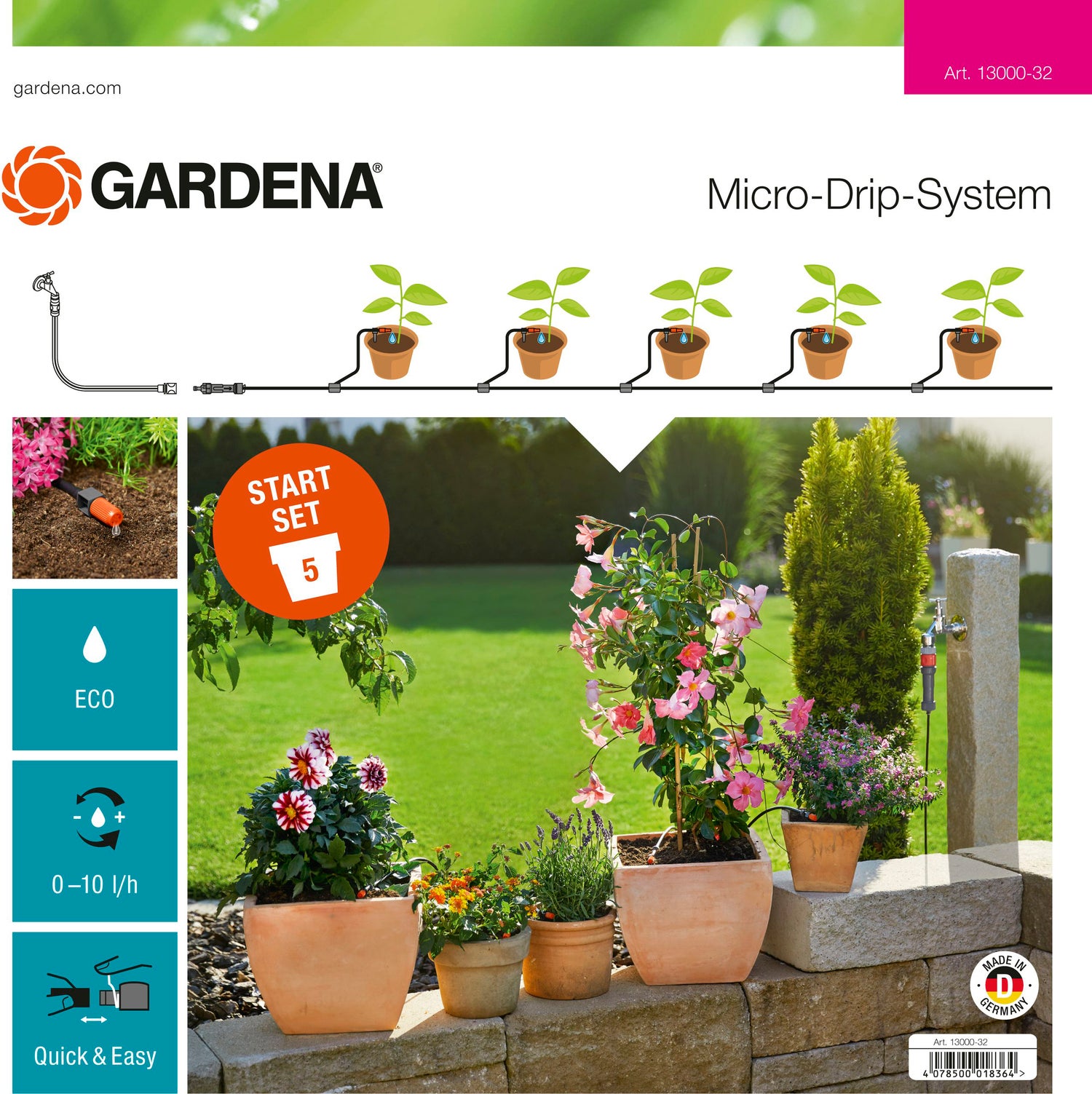 Gardena Micro Drip systeem druppelaar startset terras/balkon 5 bloempotten