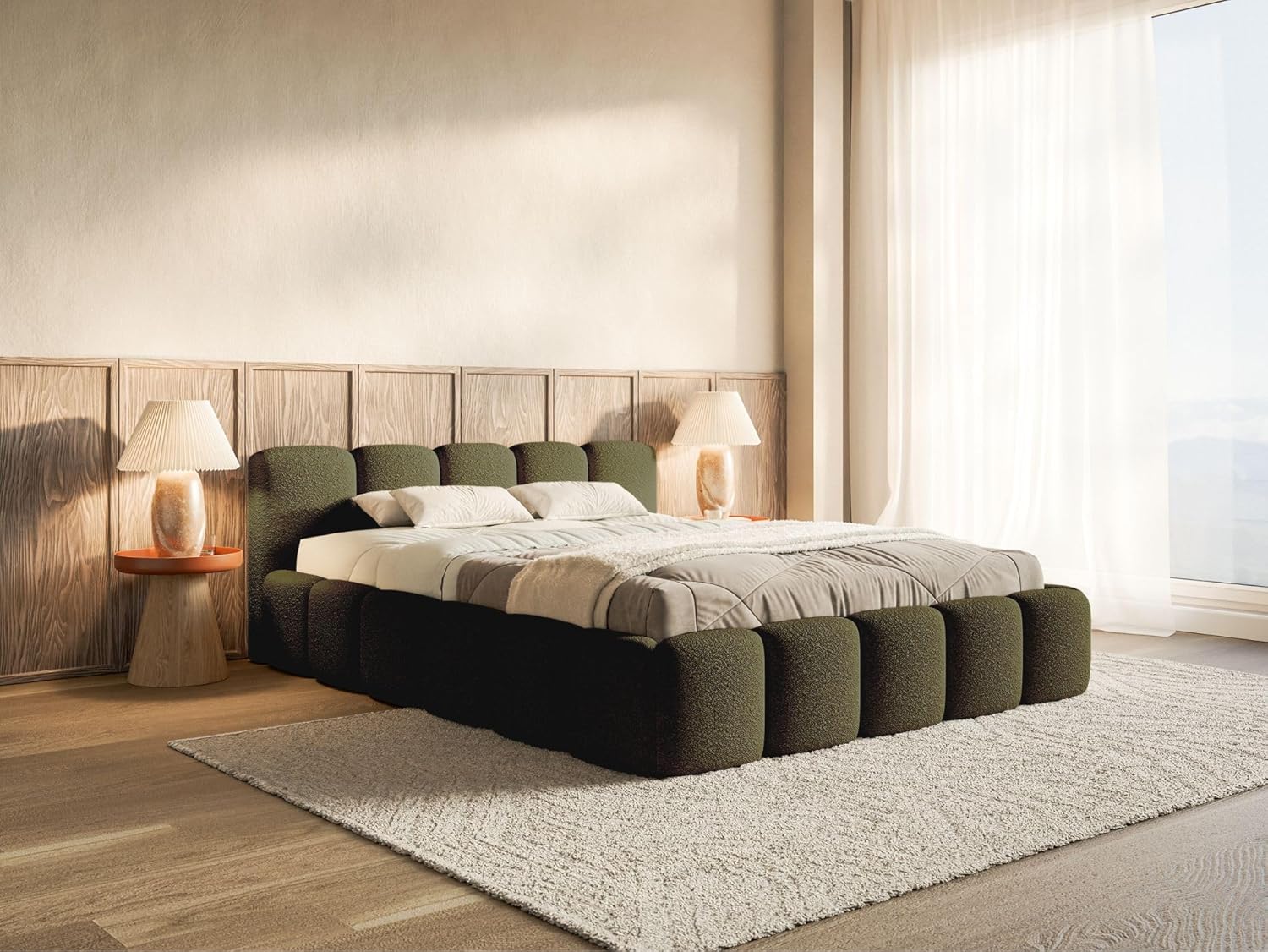 Selsey Polsterbett Cloudy Low 140x200cm mit Stauraum, Bettgestell aus Metallrahmen, Gepolstertes Bett mit Lattenrost, Modernes Design, Bouclé-Stoff in Olivgrün