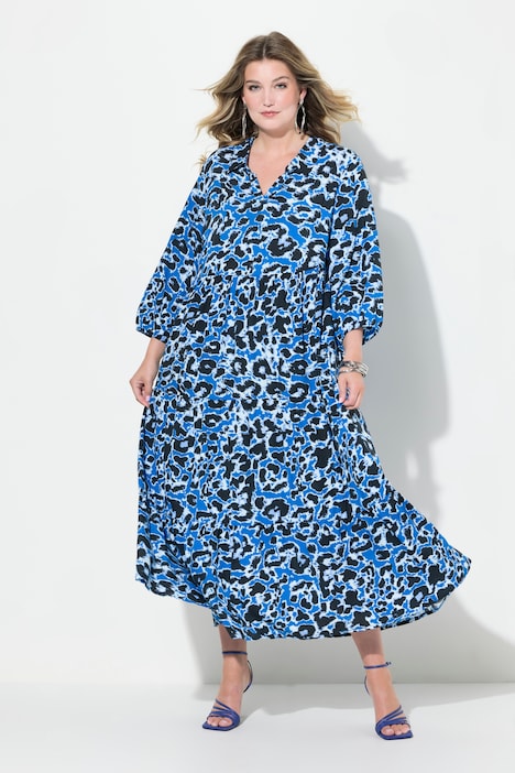 Maxikleid, A-Linie, Leomuster, V-Ausschnitt, 3/4-Ärmel