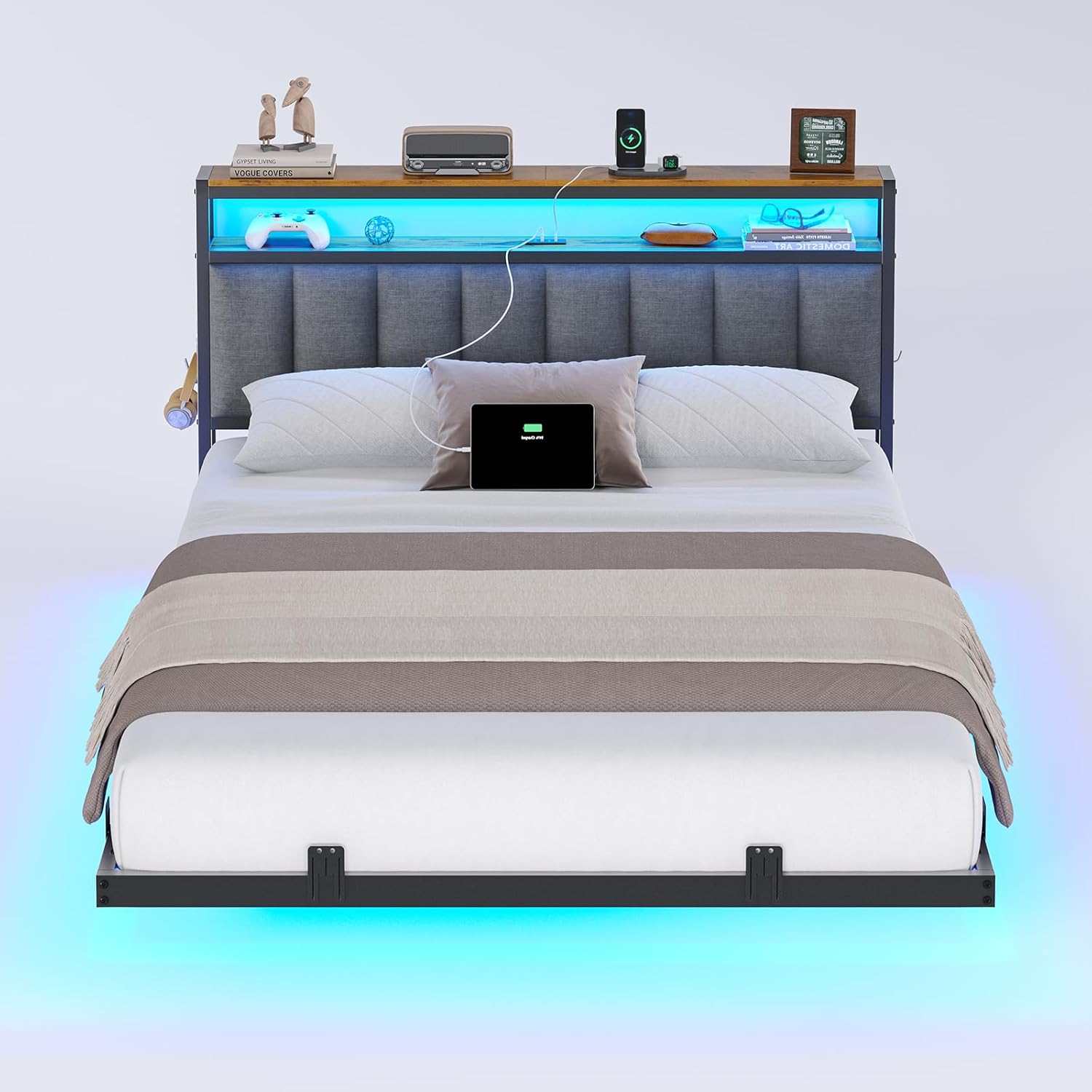 AOGLLATI Polsterbett 140x200 CM mit Ladestation & LED-Beleuchtung,Doppelbettgestell mit Stauraum Kopfteil & Lattenrost, Schwebender visueller Effekt,Modern Bettgestell Leinen, Ohne Matratze,Dunkelgrau QX2538156