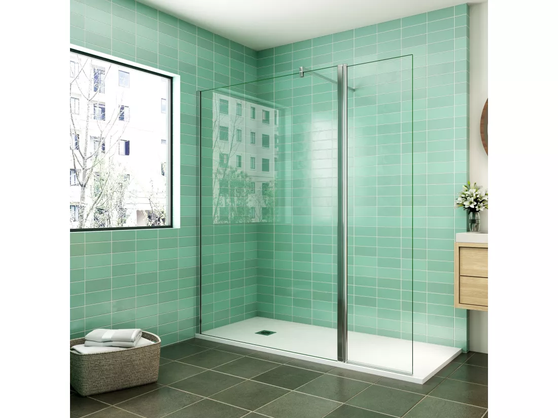 Paroi de douche à l'italienne 120x200cm avec retour pivotant 50x200cm - Verre securit - Avec barre de fixation carrée 90cm