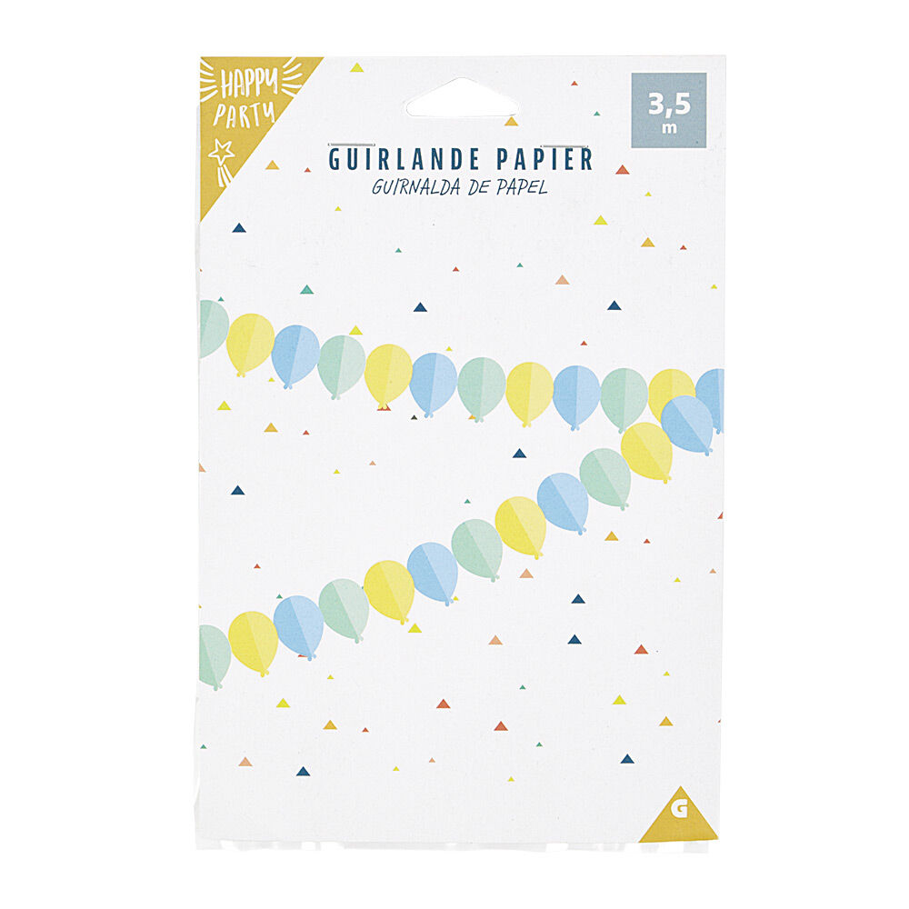 Guirlande en papier forme ballon bleu, jaune et vert
