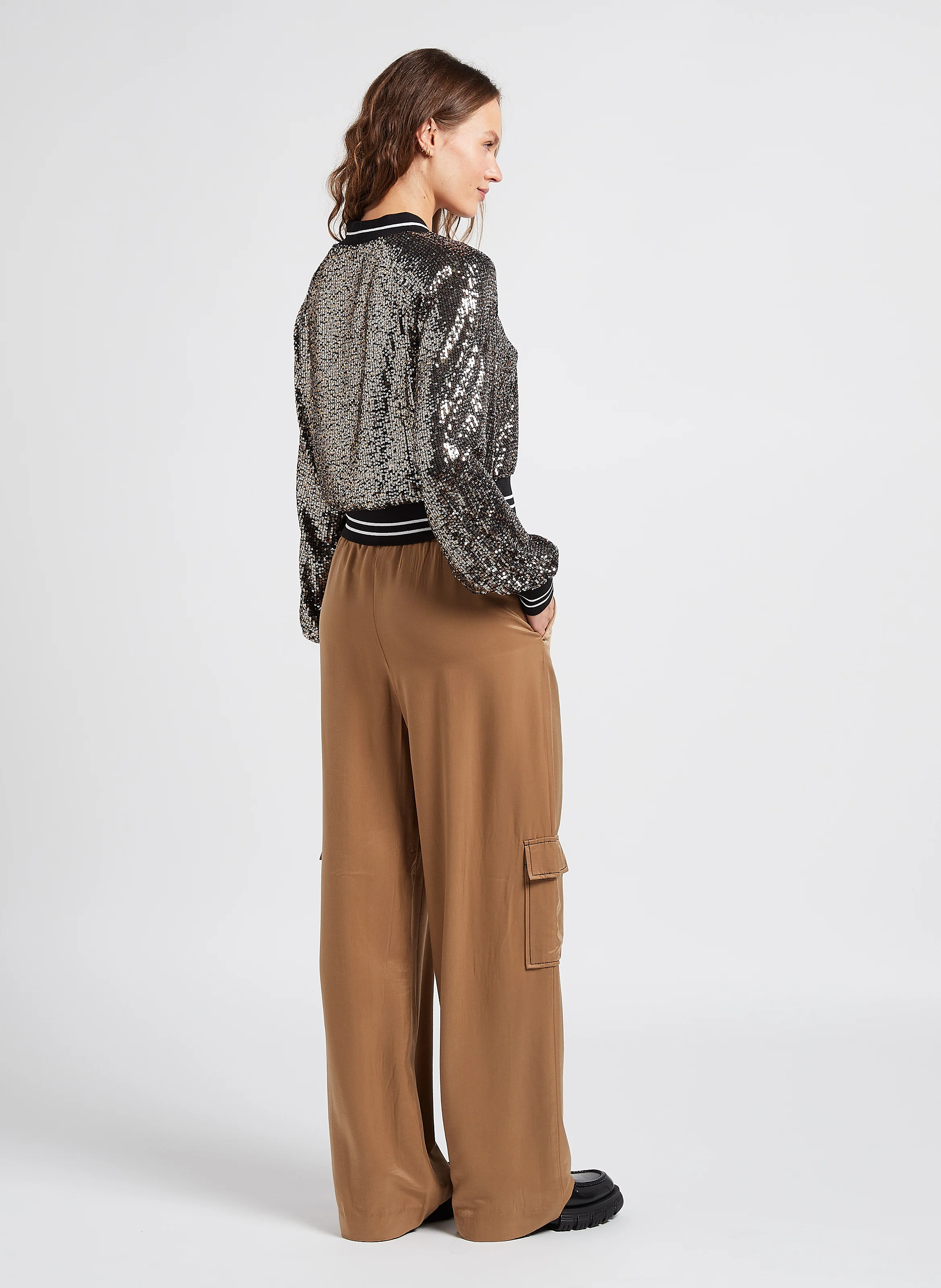 CILIE - Pantalon large satiné| Marron