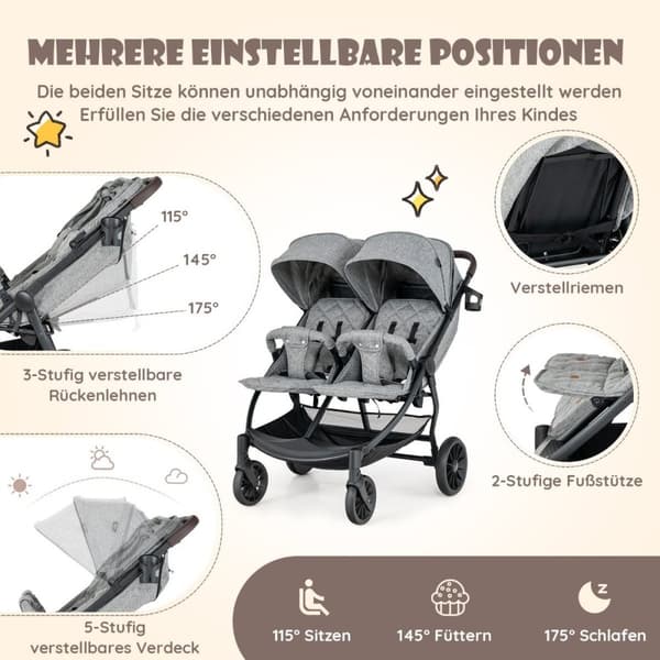 Dobbel barnevogn søskenvogn med individuell tilt 105 x 78,5 x 106 cm grå
