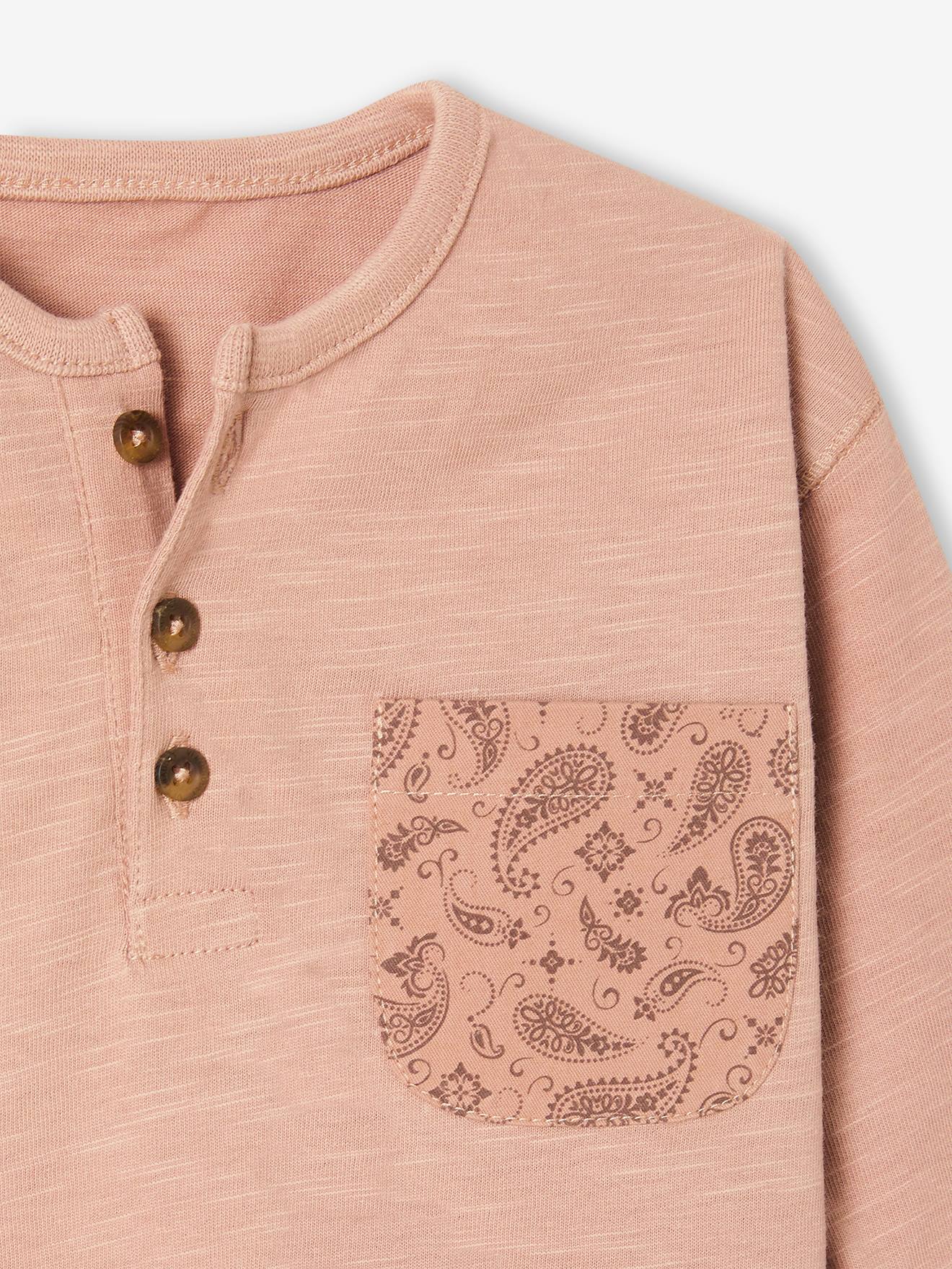 Camiseta de algodão texturizado com bolso estampado, lisa, tamanho médio, bege bebê com motivos.