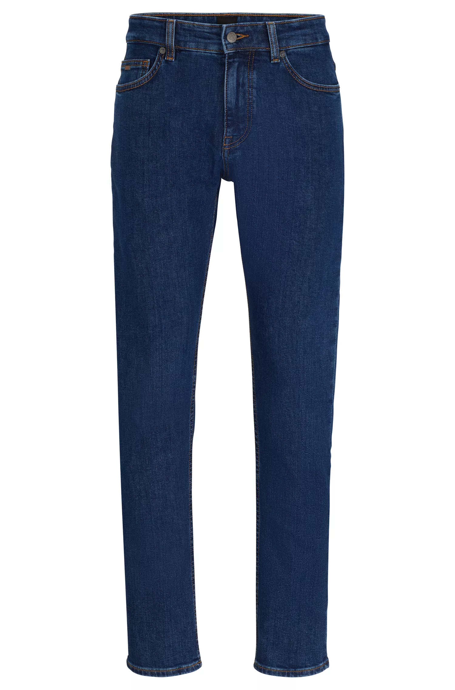 Calça jeans BOSS laranja, corte slim, em denim azul com elasticidade confortável.