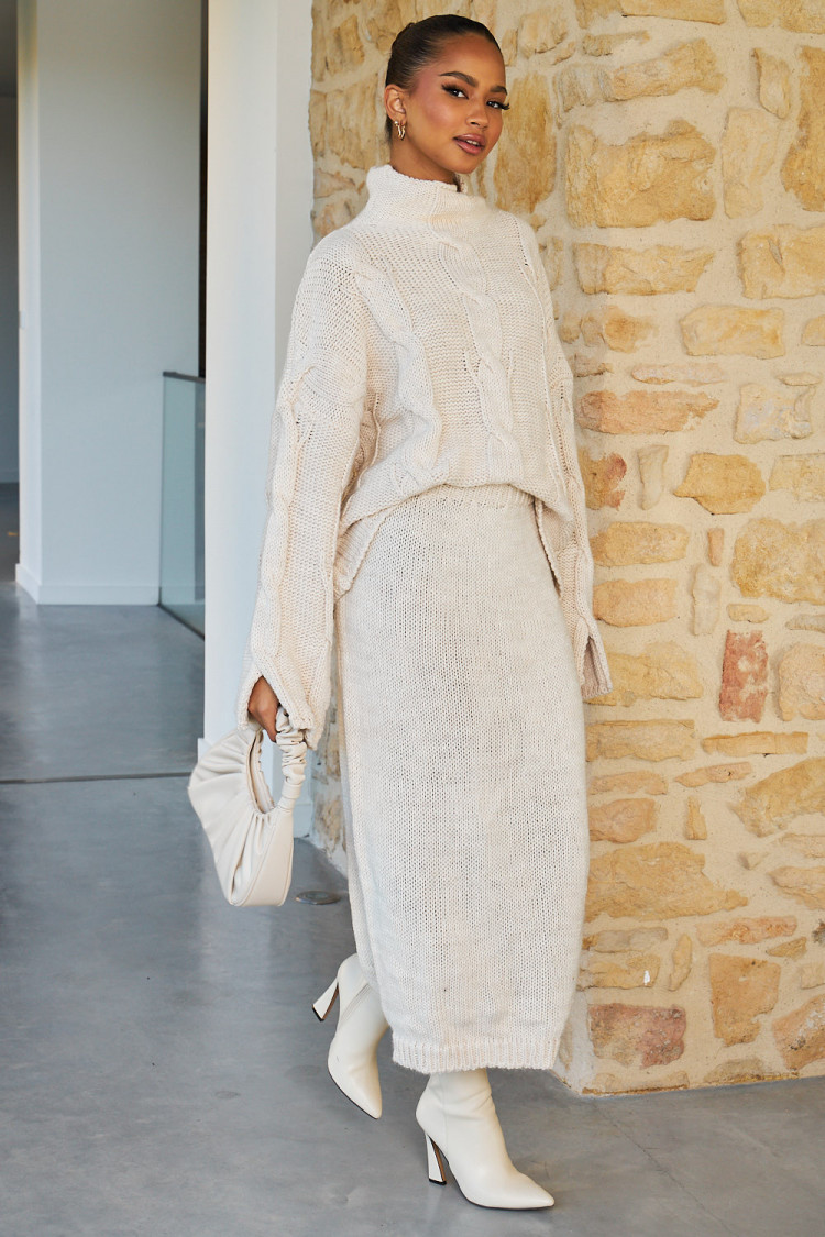 Ensemble 2 pièces pull + jupe en maille beige