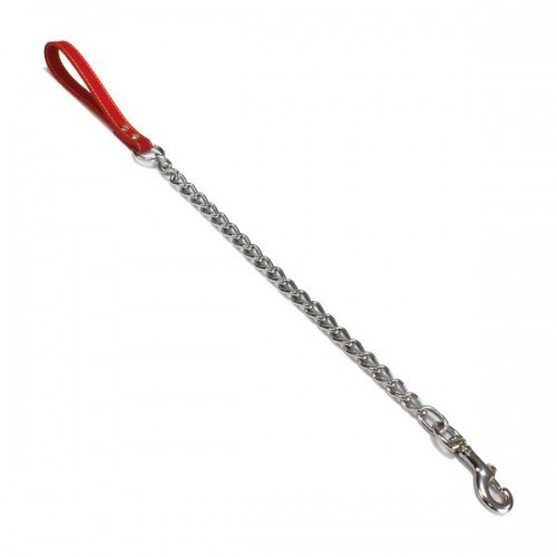 Guia ou coleira para cães em metal vermelho e couro.